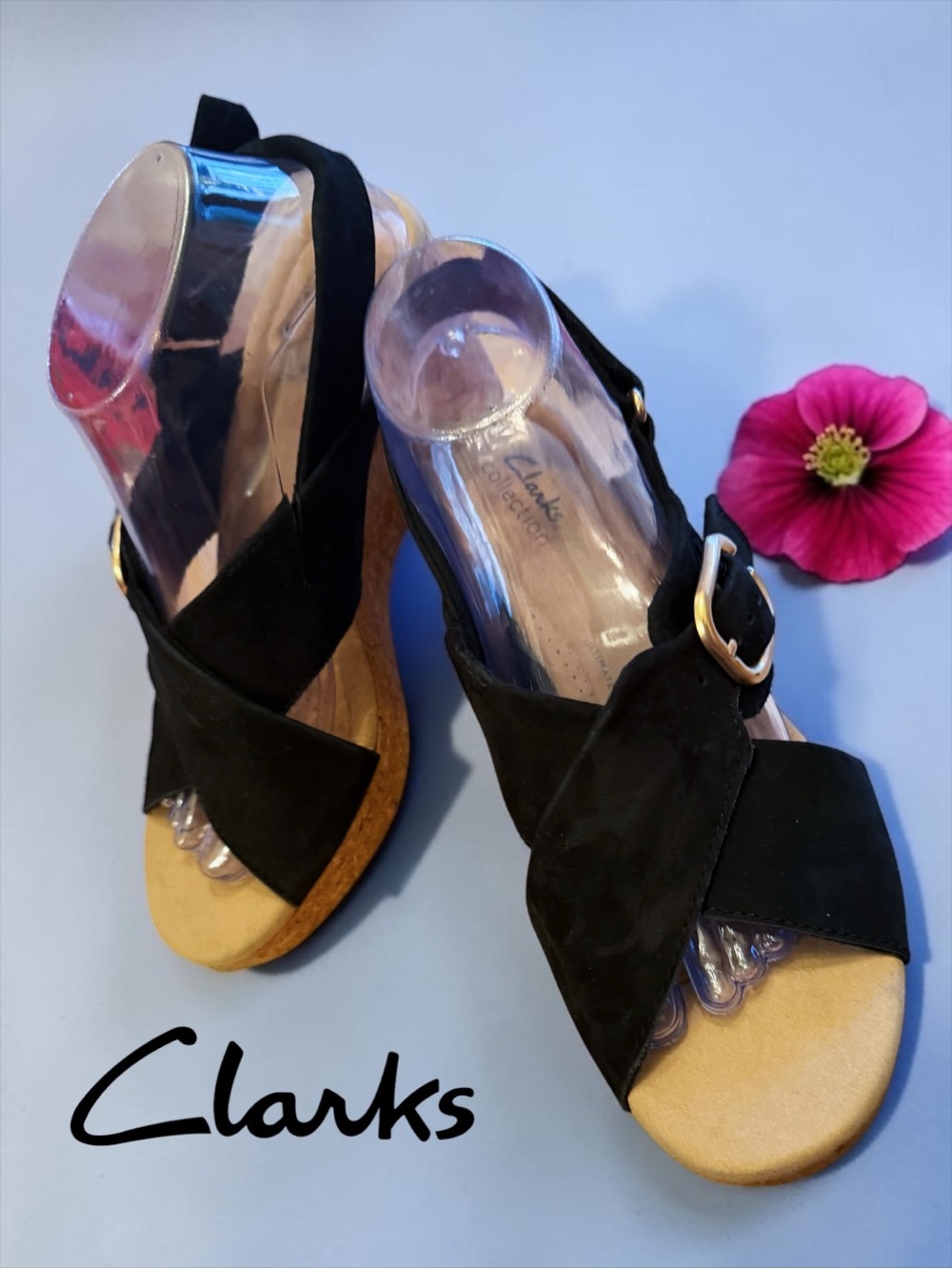 Clarks Giselle Dove Black Nubuck Cork Wedge Sandals - Size 9.5 M